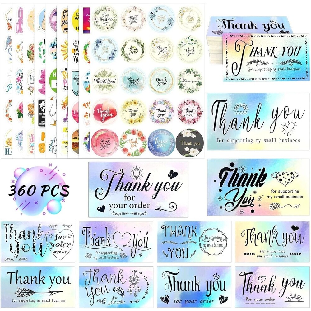 Set of 360 Holographic Thank You Cards & Stickers - 180 Cards & 180 Stickers
